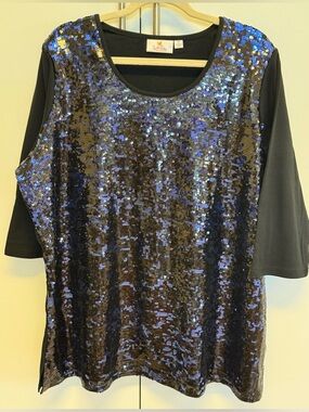 Quacker Factory 2X Black Sequin Top Blue Purple Iridescent Stretch Party